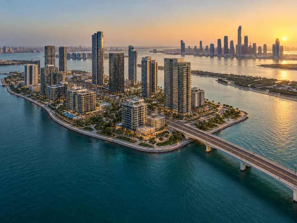 Aerial view at sunset of a waterfront island of residential towers linked by a curved bridge, with a skyline in the distance