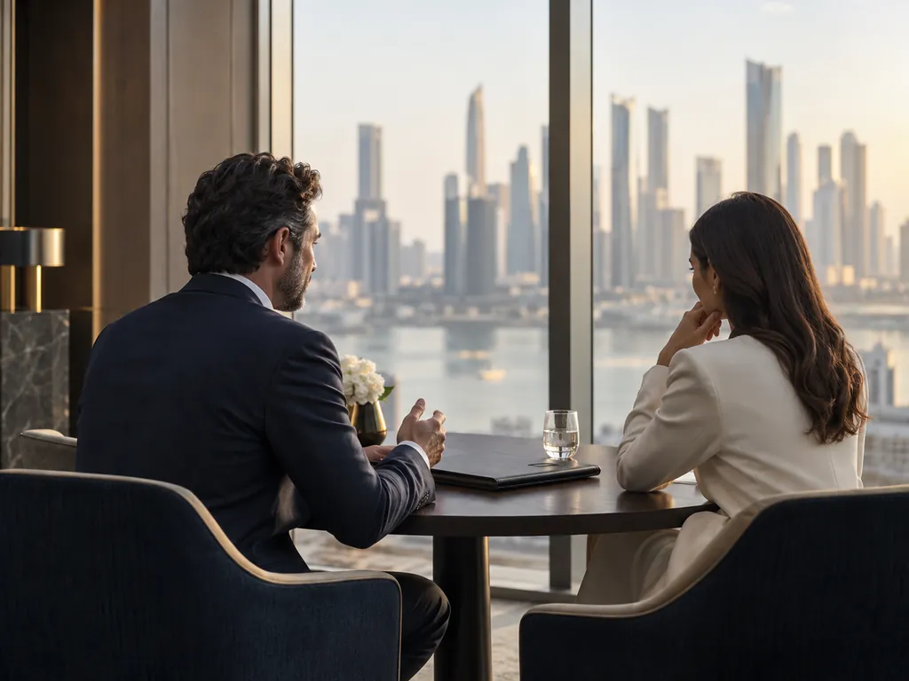 A man and a woman seen from behind and the side, talking across a round table by a large window overlooking a waterfront skyline
