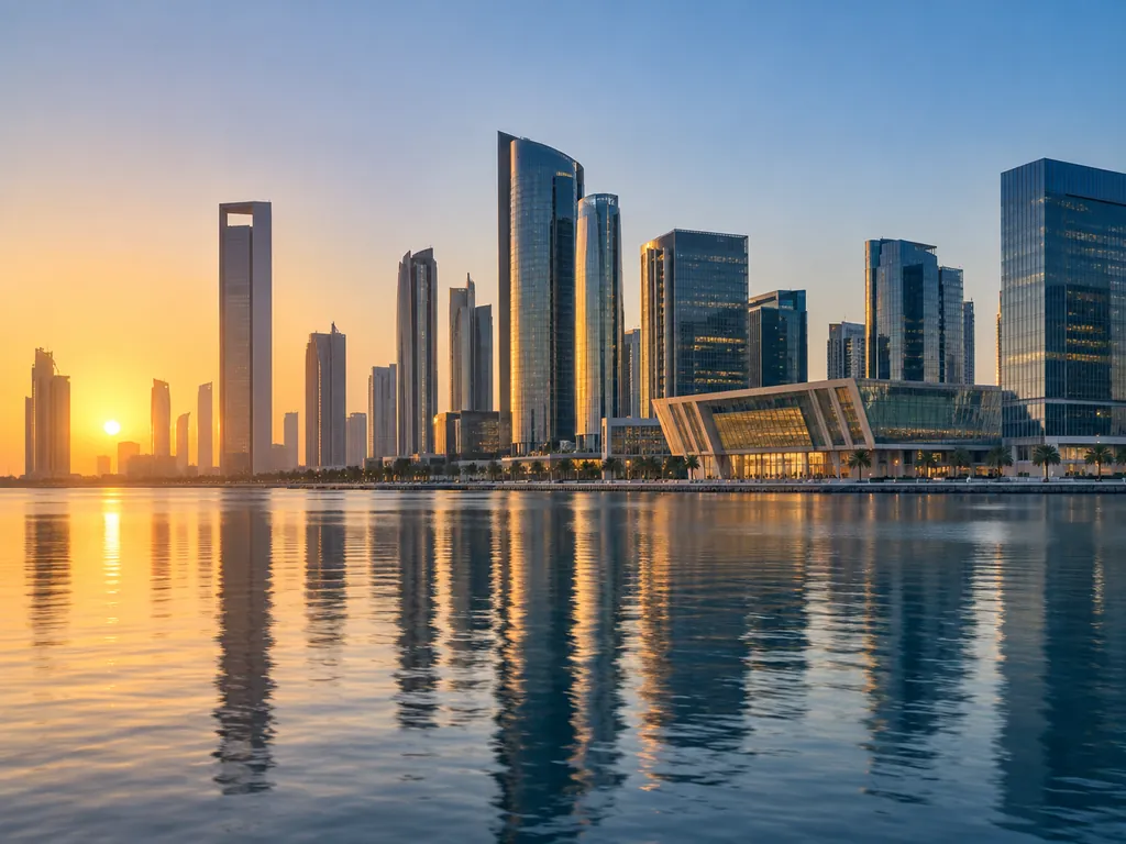 Glass office towers and a low glazed building along a calm waterfront at sunset, reflected in the still water