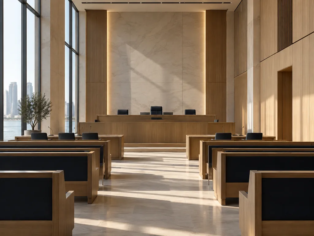 An empty courtroom in pale timber and marble with a raised bench, rows of benches and a tall window onto the waterfront