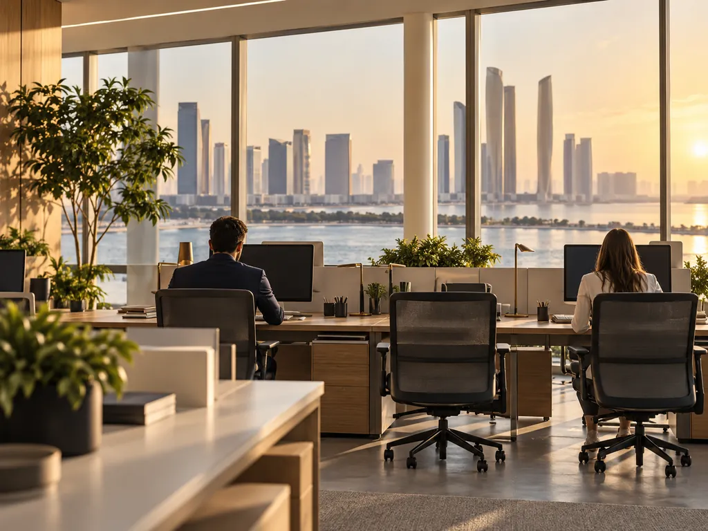 Two people working at desks on a bright open coworking floor, seen from behind, with a waterfront skyline through tall windows