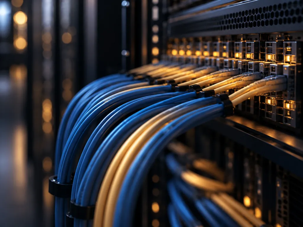 Close view of blue and gold network cables plugged into a server rack lit by small amber lights