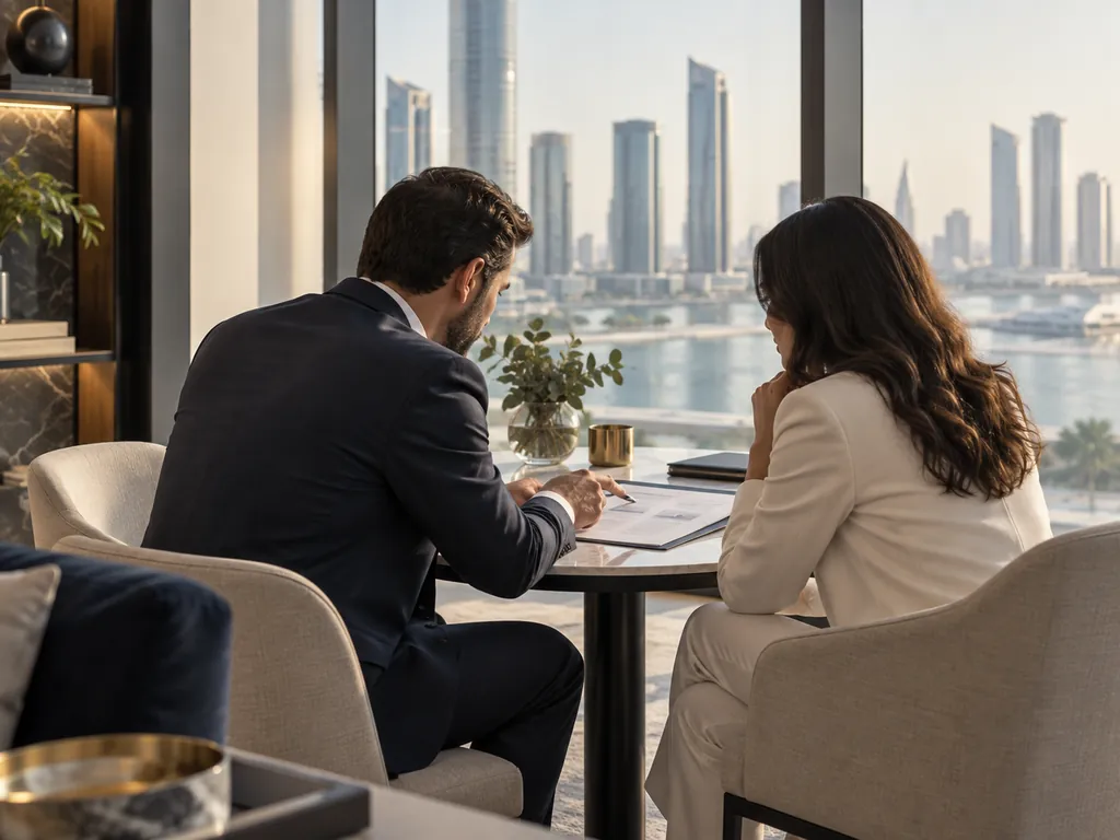 A man and a woman seated at a round table by a window, reviewing a document, with a waterfront skyline behind them