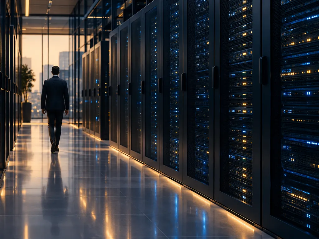A man in a dark suit walking away down a server hall lined with black racks lit by blue and amber lights