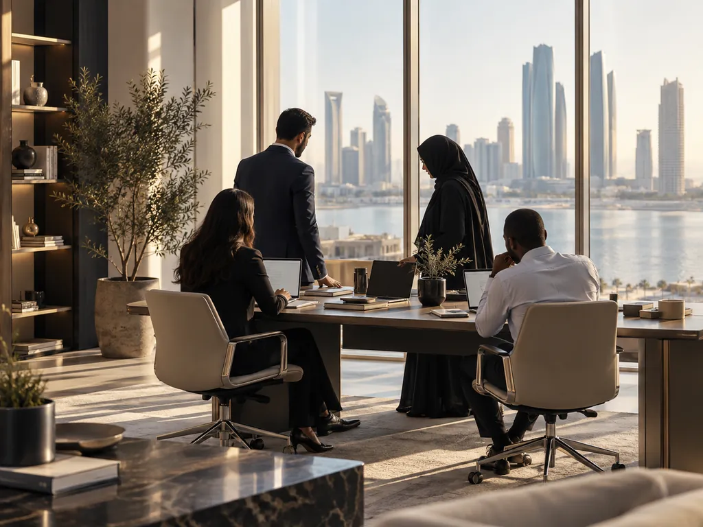 Four colleagues working and talking around a long desk in a bright office with a waterfront skyline behind them