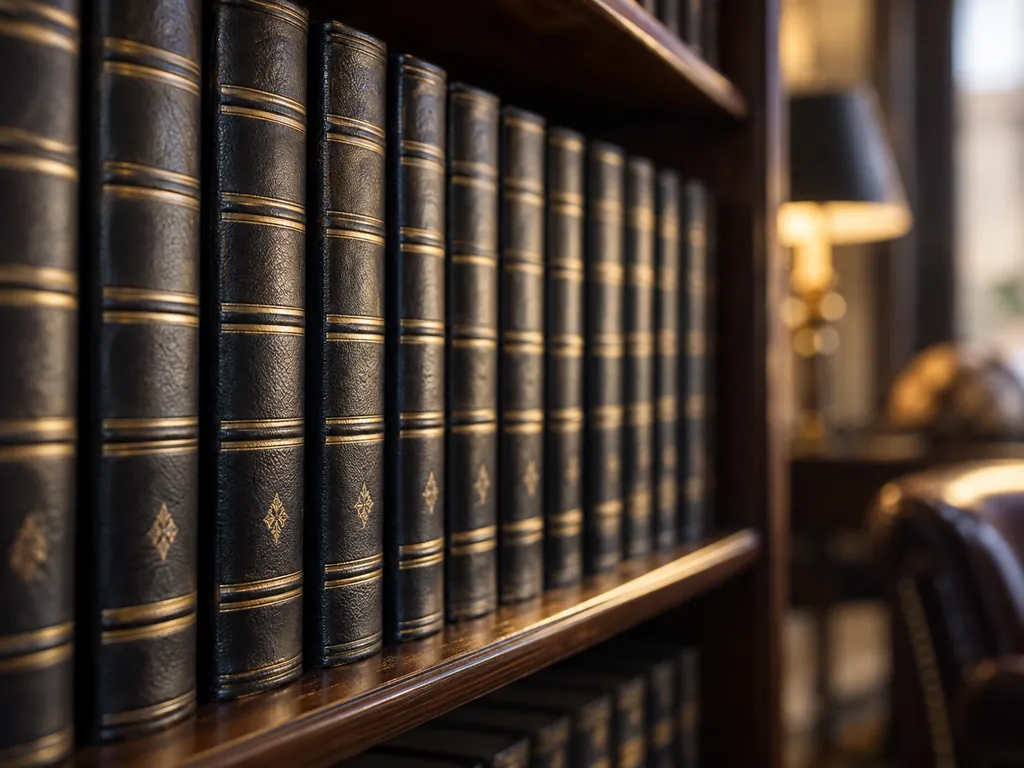 A shelf of black leather-bound books with gilt bands and small diamond ornaments, in warm library light