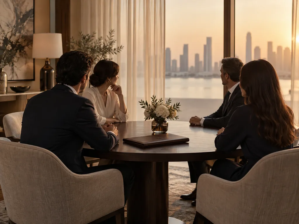Four people seated at a round table with a leather folder and a vase of flowers, turned towards a waterfront skyline at dusk