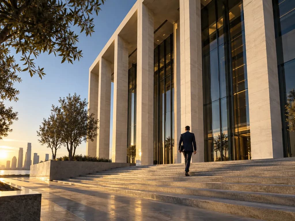 A man in a dark suit walking up wide stone steps towards a tall colonnaded marble building at sunset