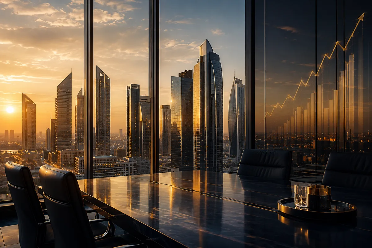 An empty boardroom at sunset, floor-to-ceiling windows overlooking a financial district skyline