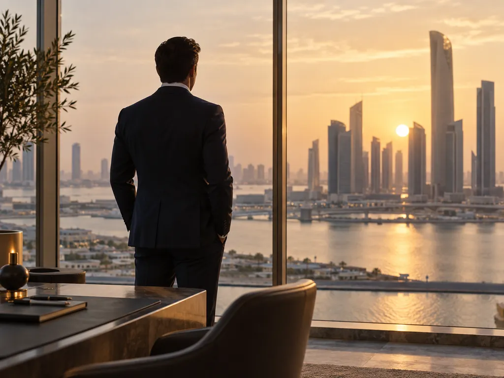 A man in a dark suit seen from behind, hands in his pockets, looking out of a window at a skyline and the setting sun