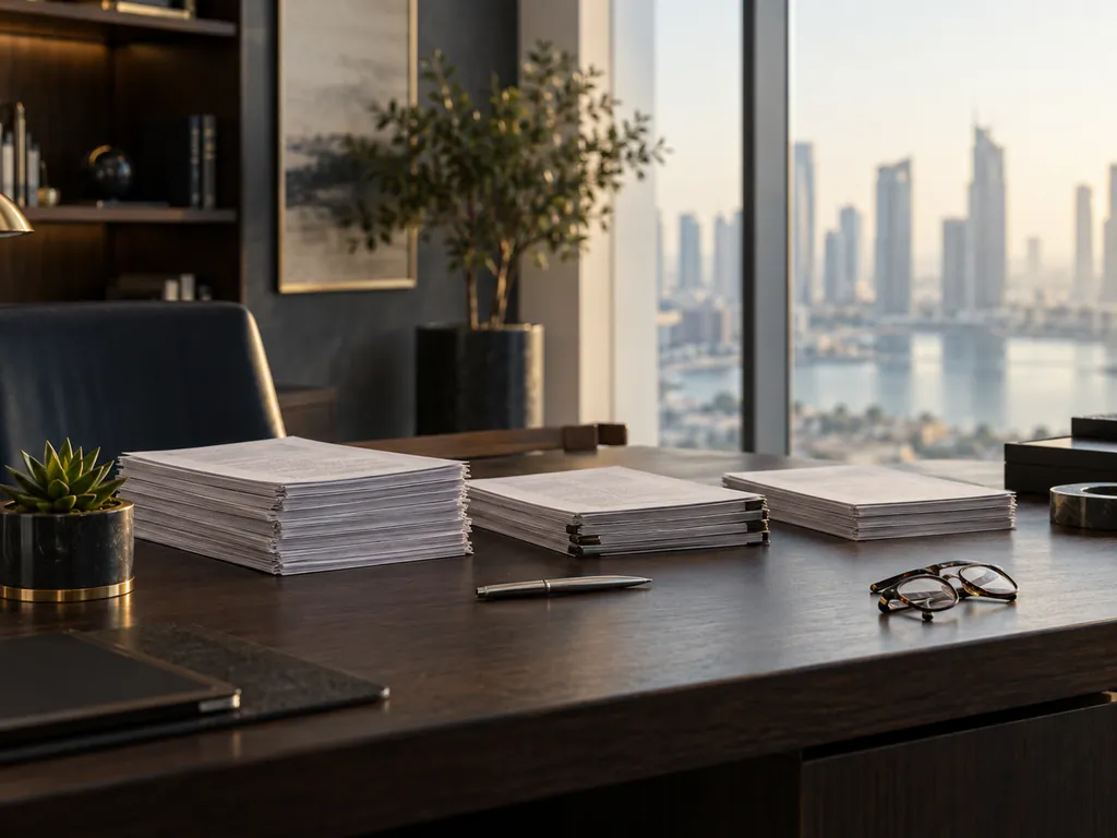 Three neat stacks of paper on a dark desk beside a pen, reading glasses and a small succulent, with a skyline beyond the window