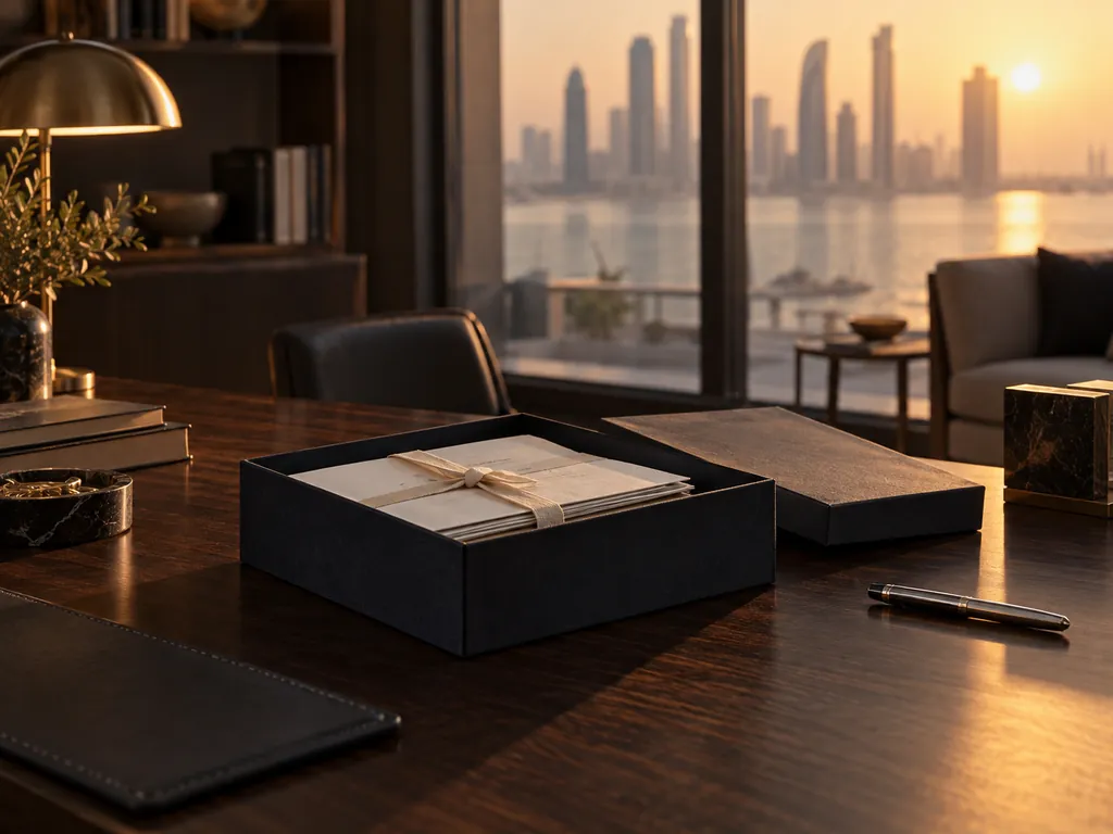 A black box with its lid set aside, holding a bundle of papers tied with ribbon, on a dark desk at sunset