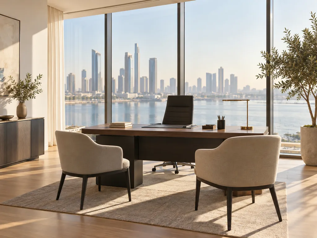 An empty executive office with a wooden desk, two upholstered chairs and floor-to-ceiling windows over a waterfront