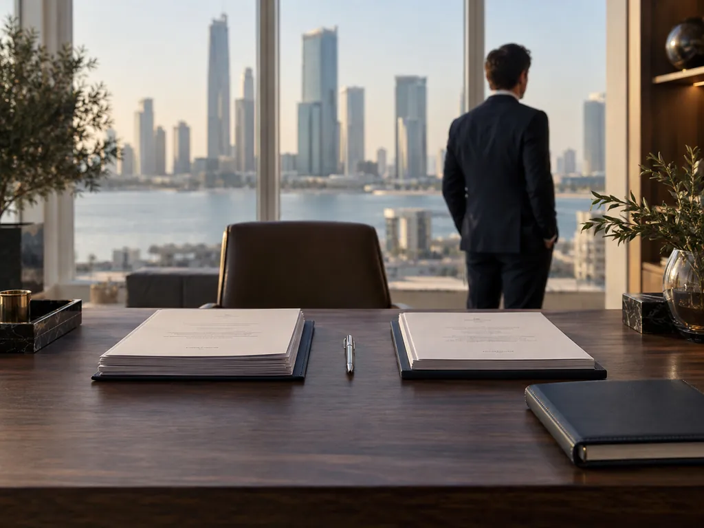 Two stacks of papers and a pen on a desk while a man in a dark suit stands at the window behind