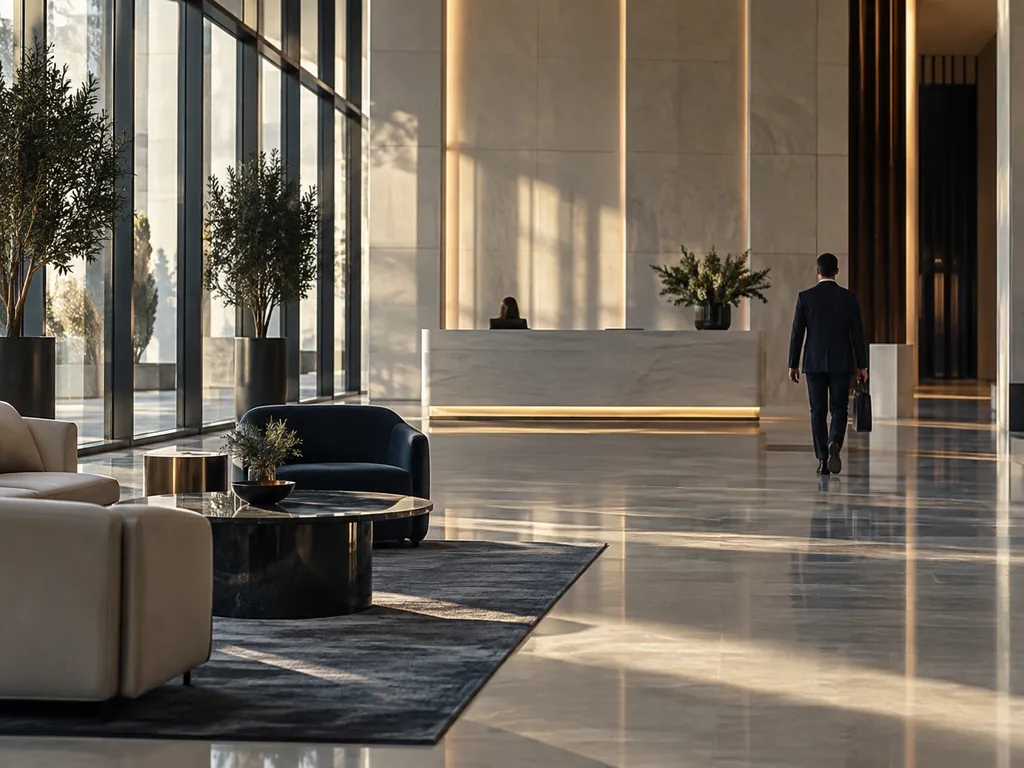 A quiet marble reception lobby with a receptionist at the front desk, lounge seating and a man in a suit carrying a briefcase