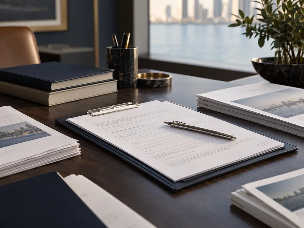 A clipboard with a page of text and a silver pen on a dark desk, beside stacks of reports and a window over the water