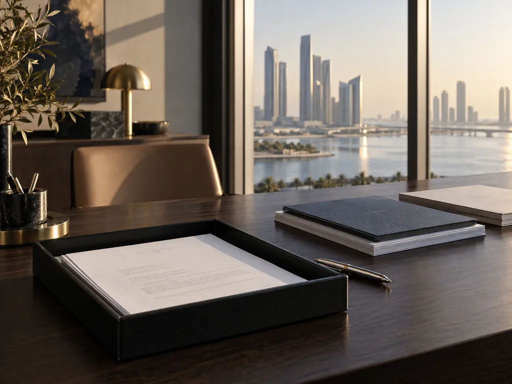 A black tray holding a printed page, next to a navy folder and a pen, on a dark desk by a window over the water