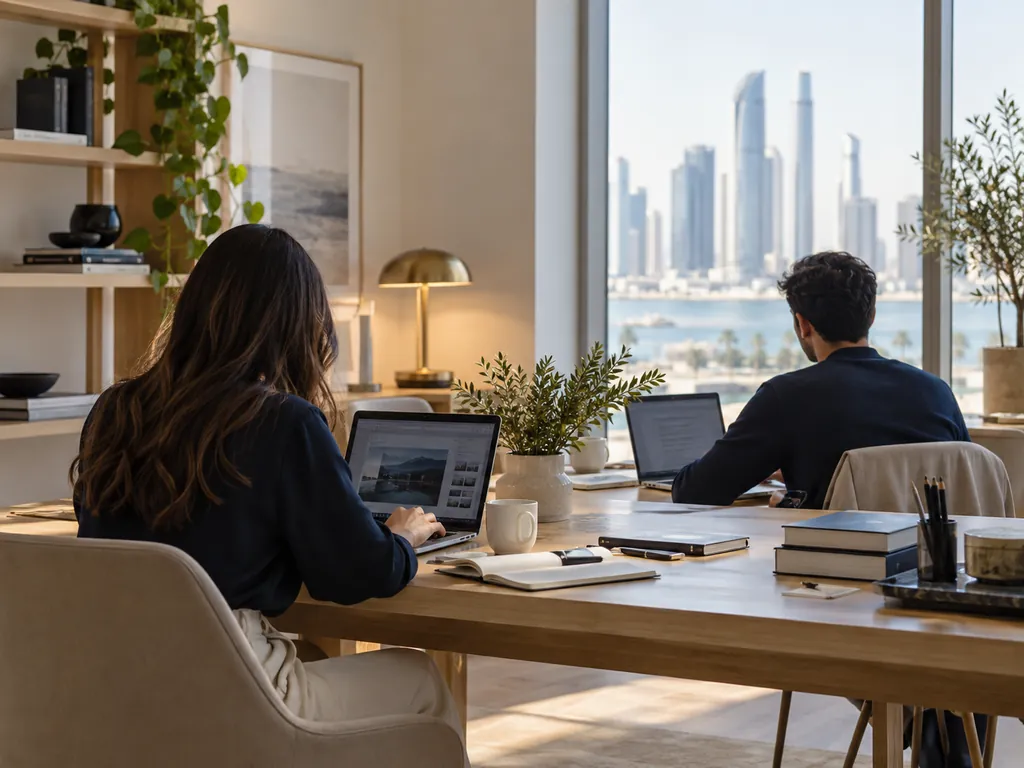 Two people, seen from behind, working on laptops at a shared wooden table in a bright studio, one screen showing photographs, with a skyline outside