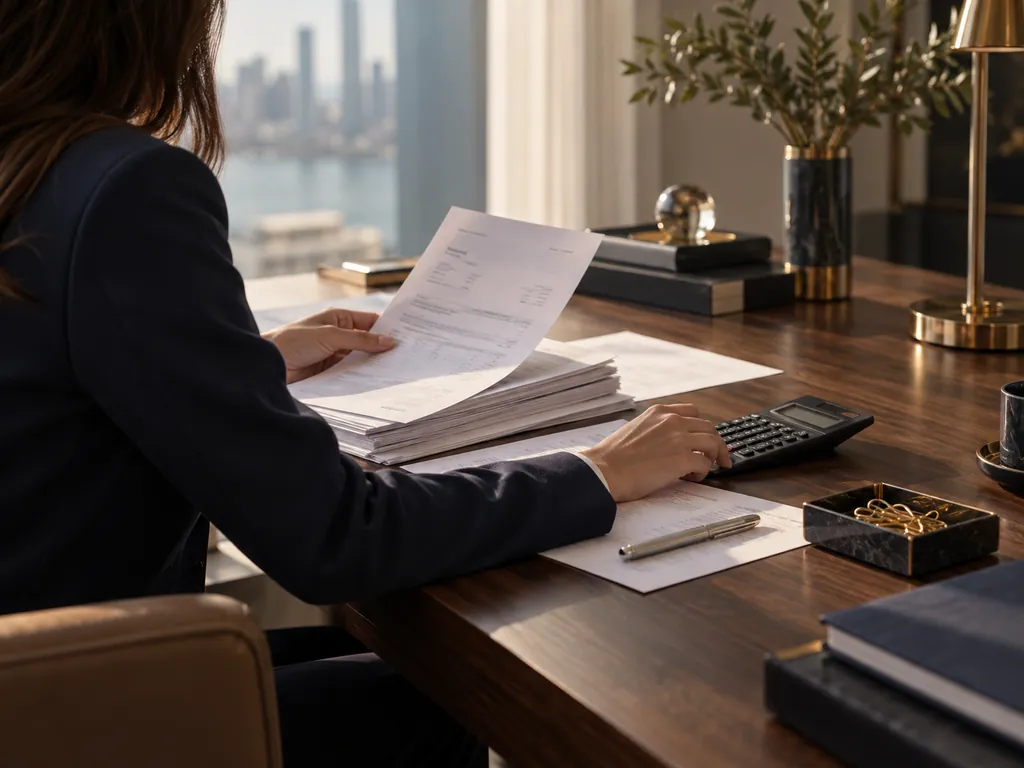 A woman seen from behind holding up a printed page beside a calculator and stacks of papers on a wooden desk