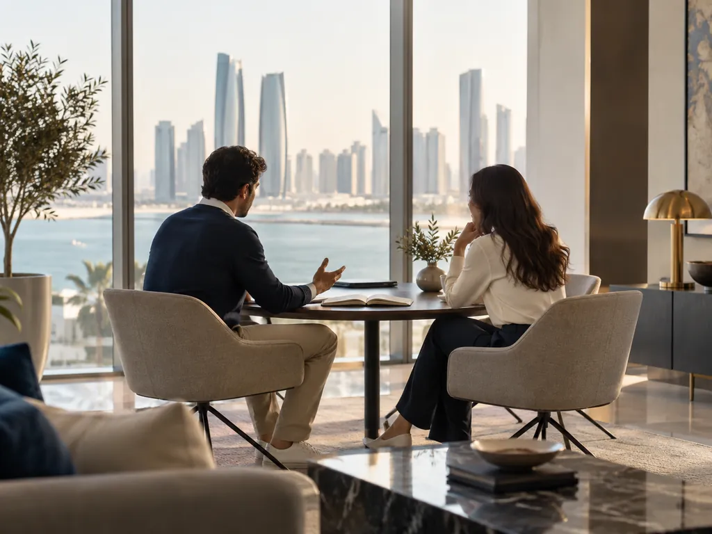 A man and a woman talking across a small round table in a bright lounge with a waterfront skyline behind them