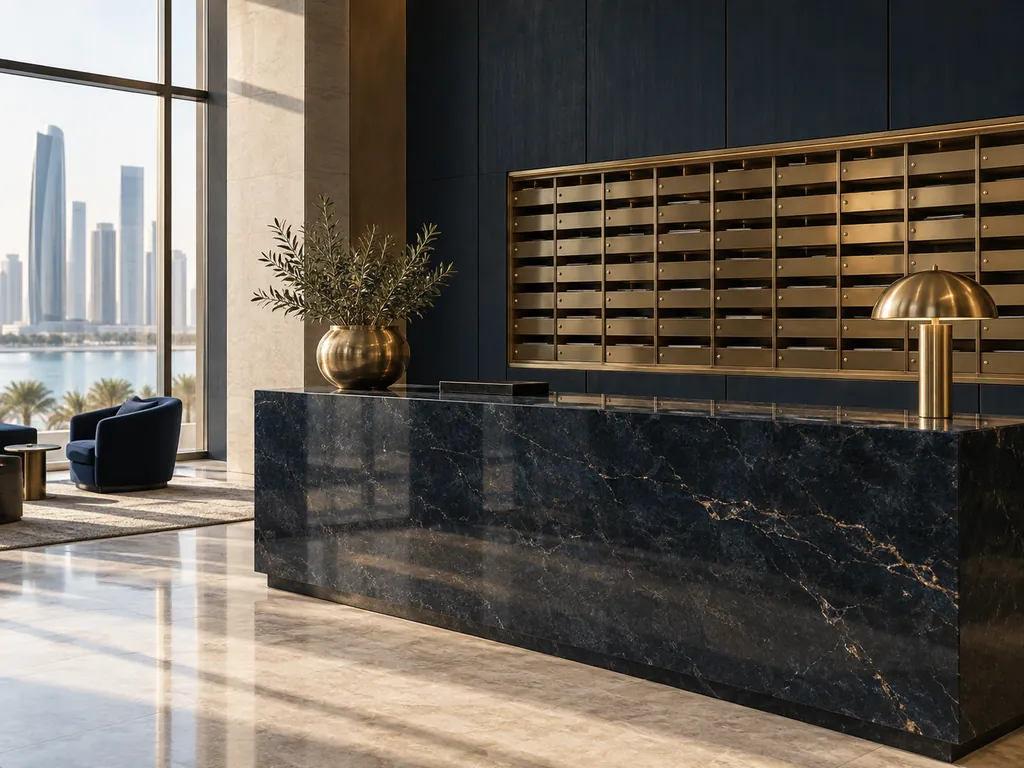A black marble reception desk in front of a wall of small brass mail compartments in a bright lobby