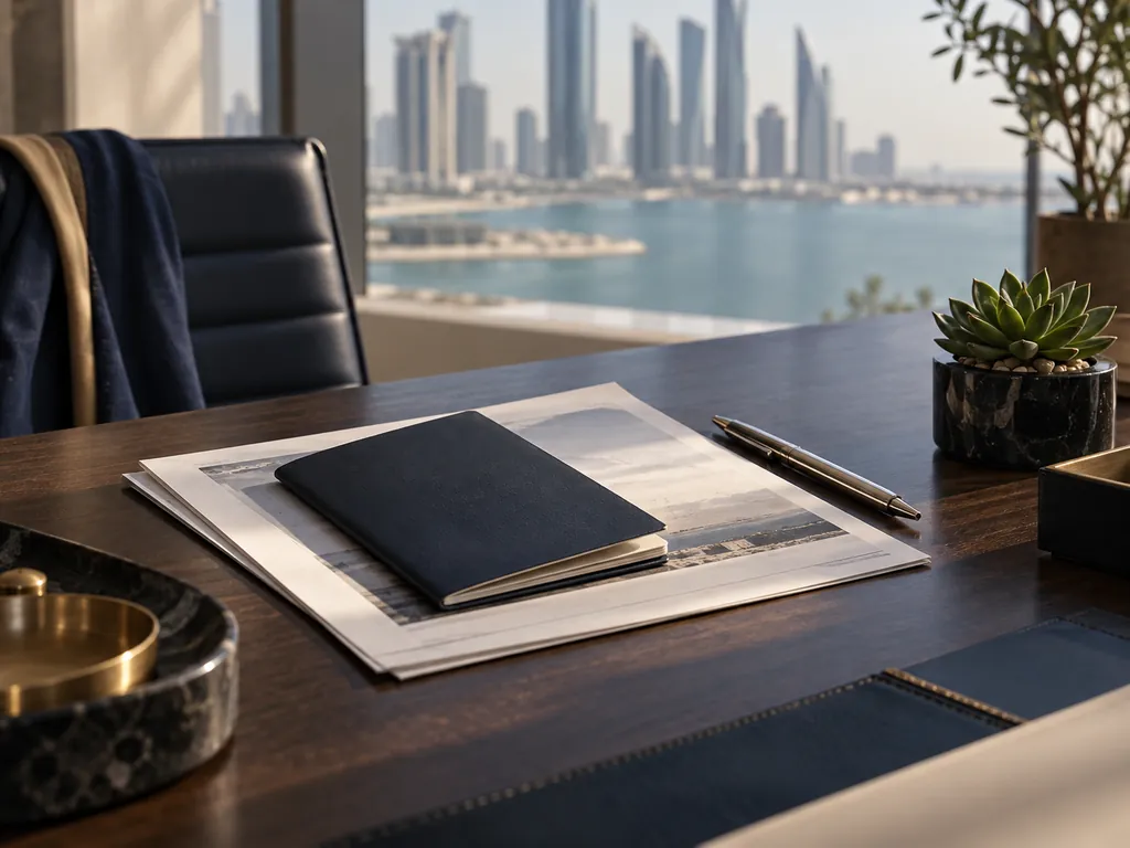 A closed plain navy notebook and a silver pen resting on a printed photograph on a dark desk by a window