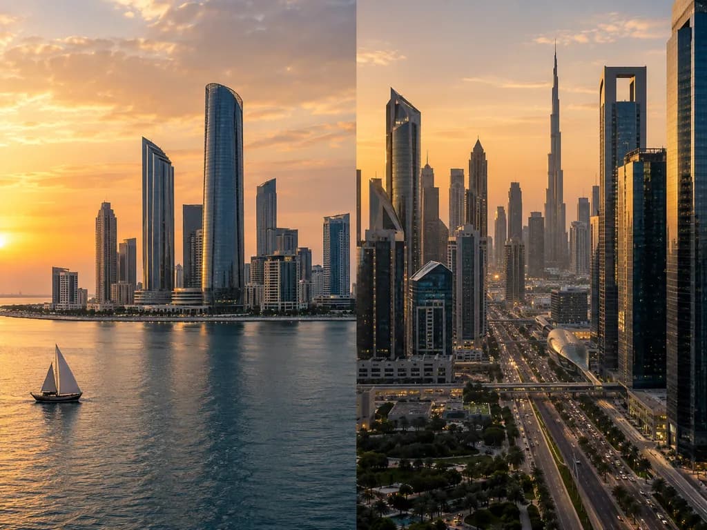 Split view: a calm waterfront skyline with a sailboat on the left and a dense city avenue with a very tall tapering spire on the right