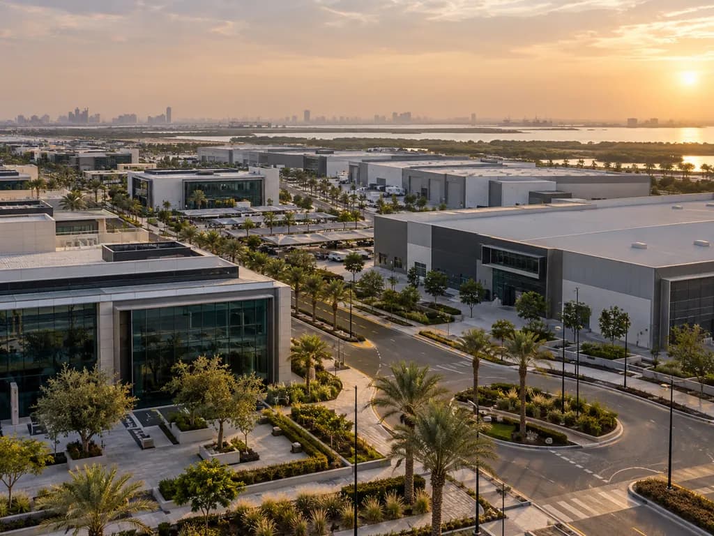 Low-rise office and warehouse buildings along palm-lined roads in a business park at sunset