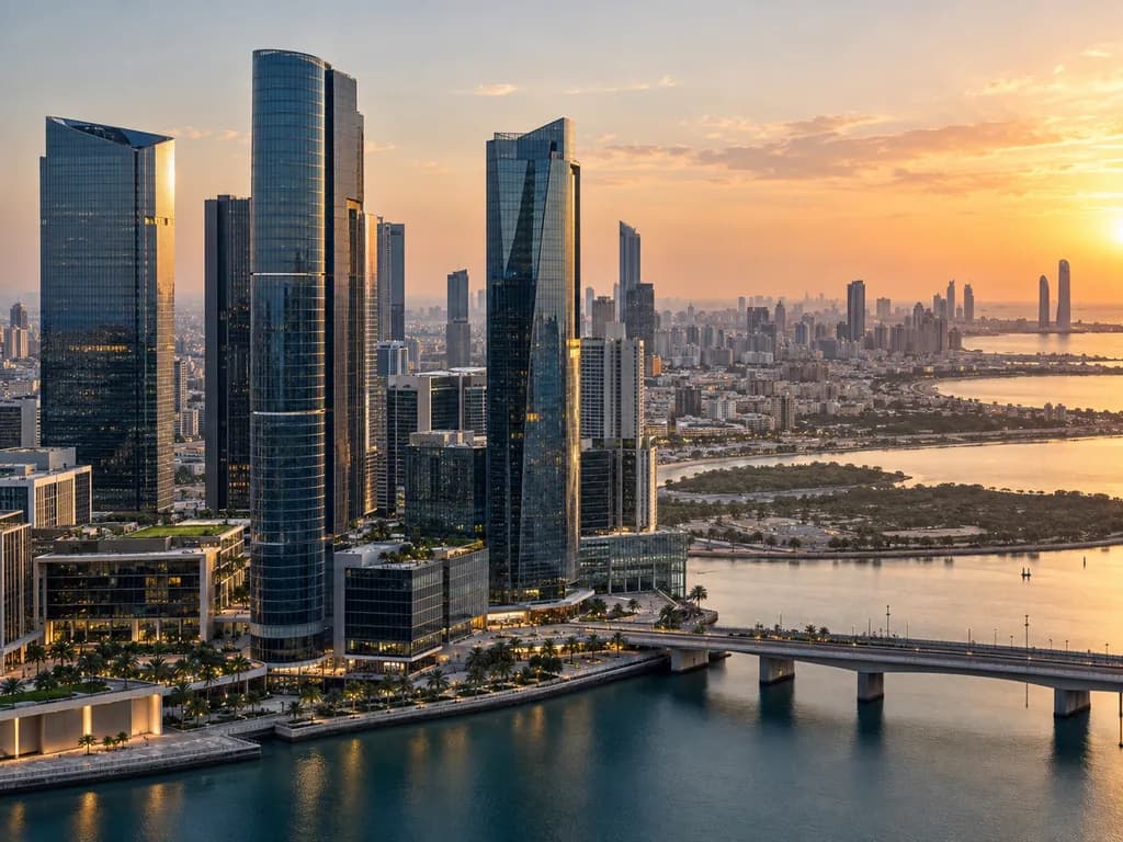 Dense glass towers on a city waterfront at sunset, with a road bridge crossing the water and a skyline beyond