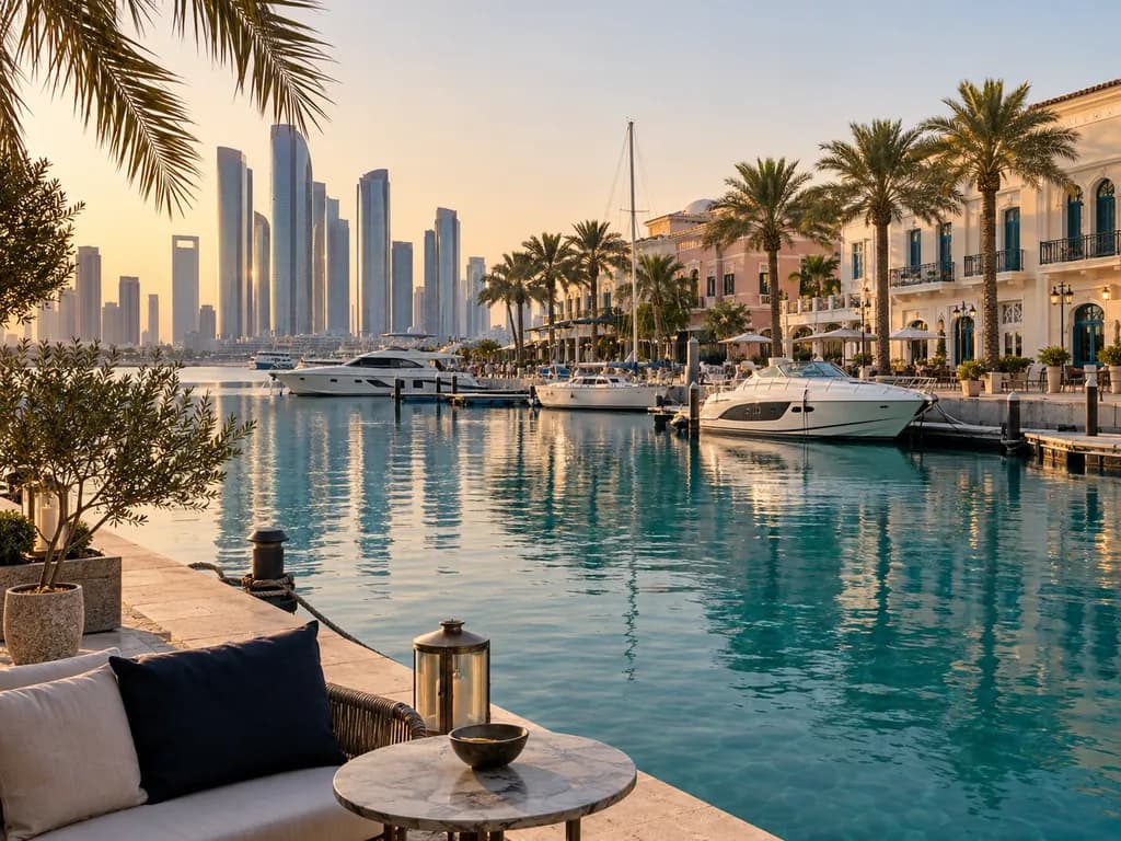 A marina with white yachts and palm trees below pastel arched buildings, with a skyline of towers across the water