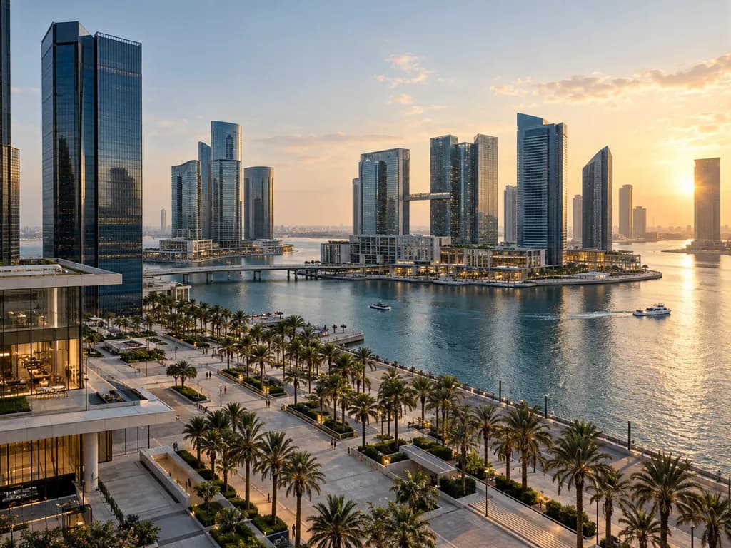 A waterfront promenade lined with palm trees and glass towers at sunset, with a road bridge across the water